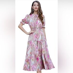 Bohemian Paisley Print Tiered Midi Dress Puff Sleeve Tie Neck